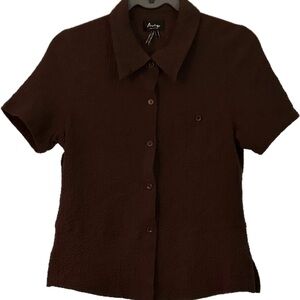 Rich cocoa brown short-sleeved button-down petite small PS textured